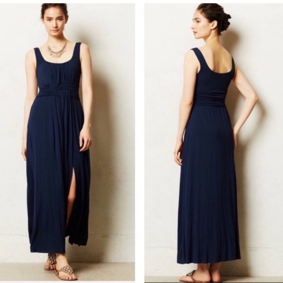 Anthropologie Dresses & Skirts - Anthropologie Bailey 44 Navy Blue Maxi Dress Sz Large Slit Scoop Neck Ruched